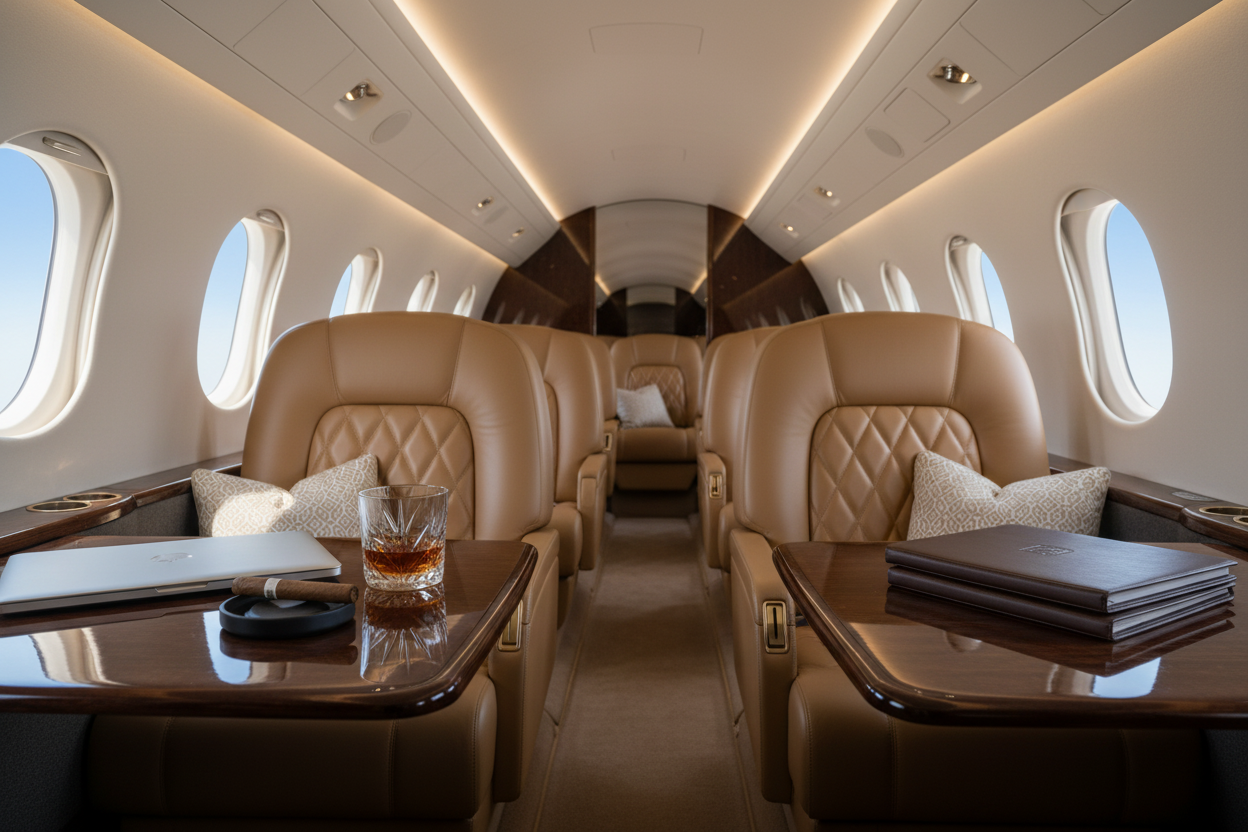 Luxury interior of a private jet with beige leather seats and wooden tables.